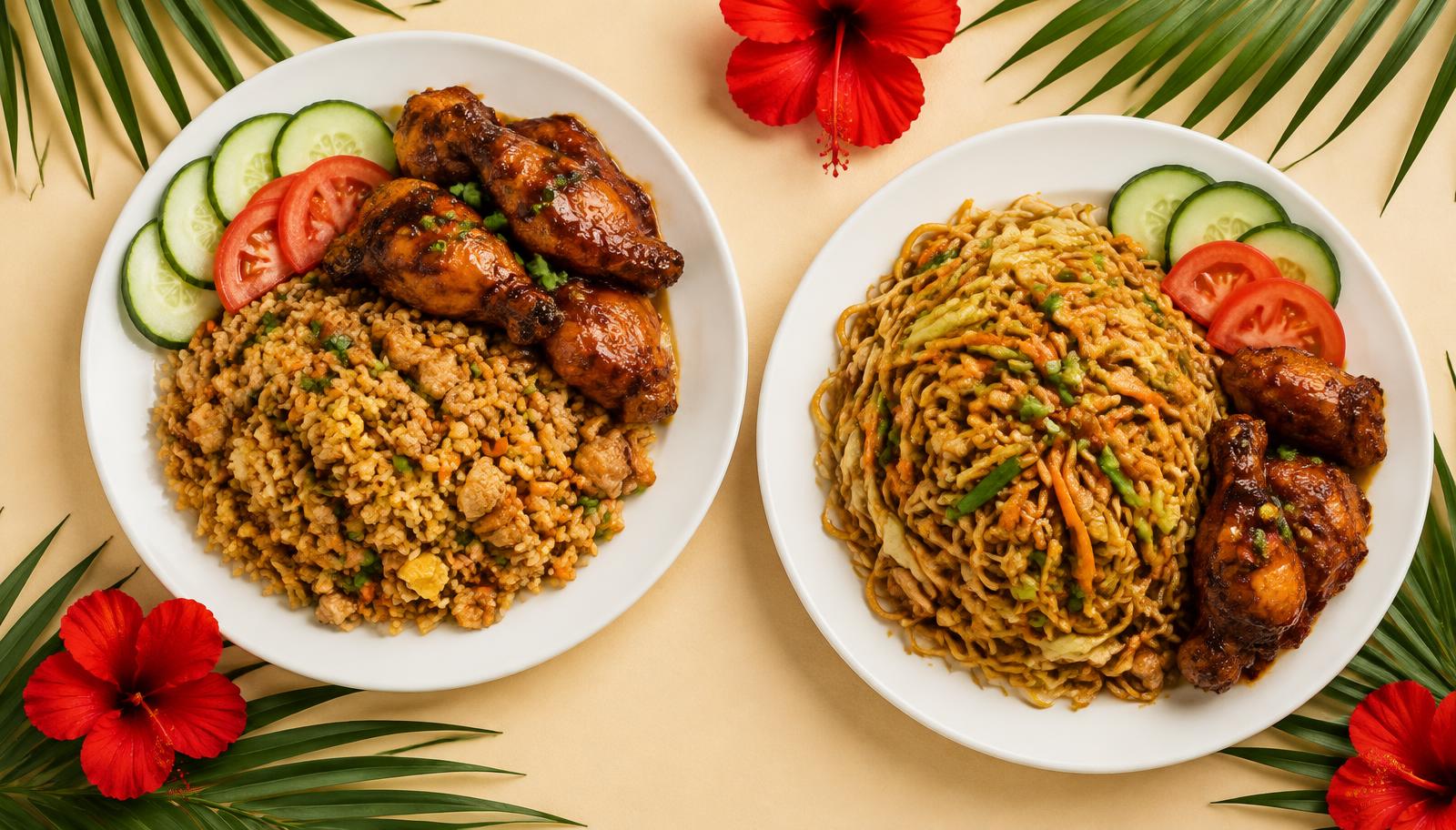 Nasi and bami with Surinamese chicken